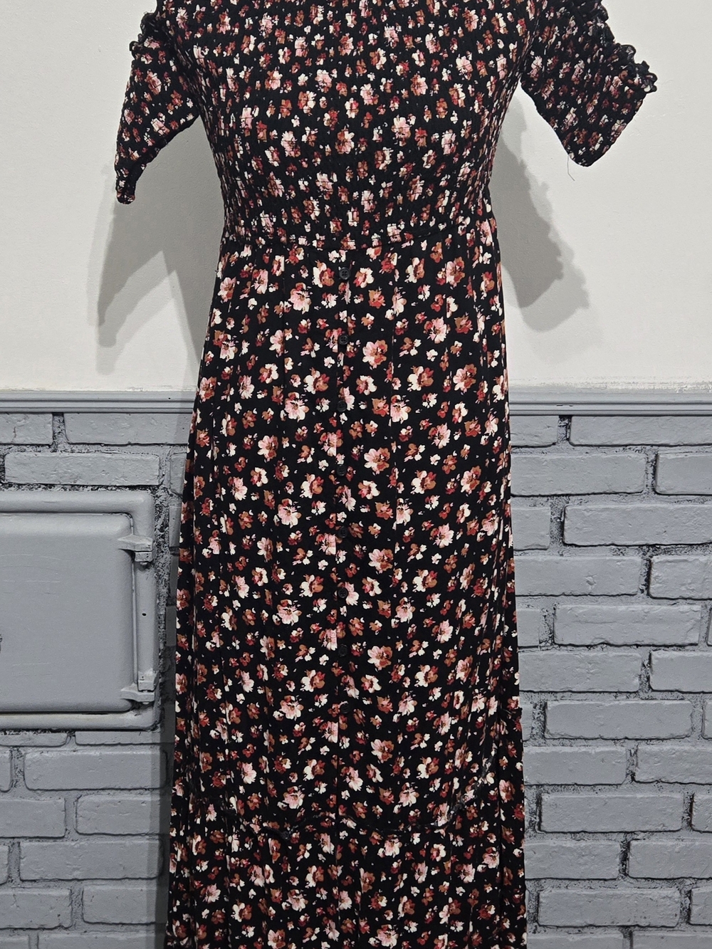 Xhilaration Black Maxi Dress with Pink & Cream Floral Pattern